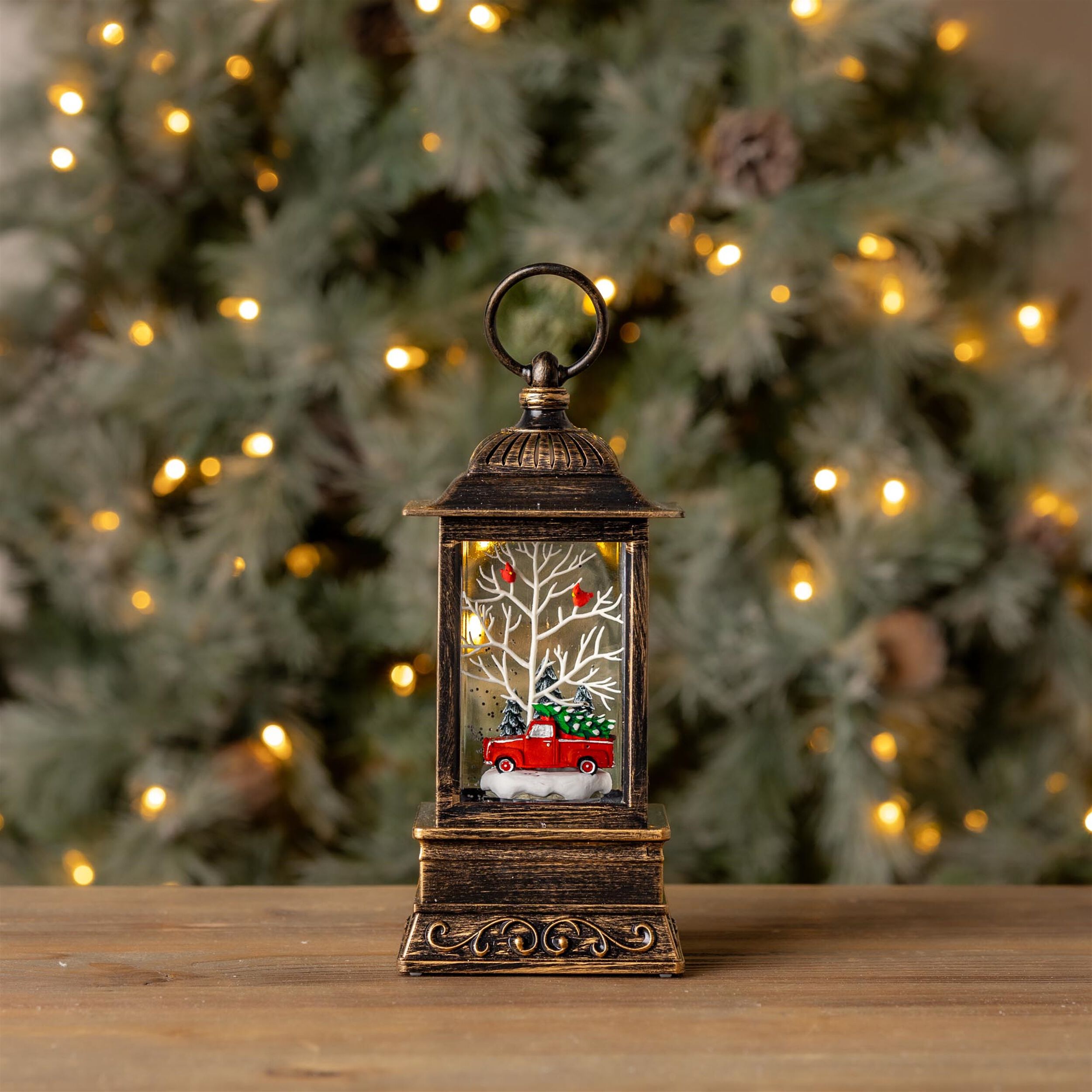 LED Snow Globe Lantern with Truck and Forest Scene 10.25 inchesH, RED GREEN WHITE, alternate image number 4