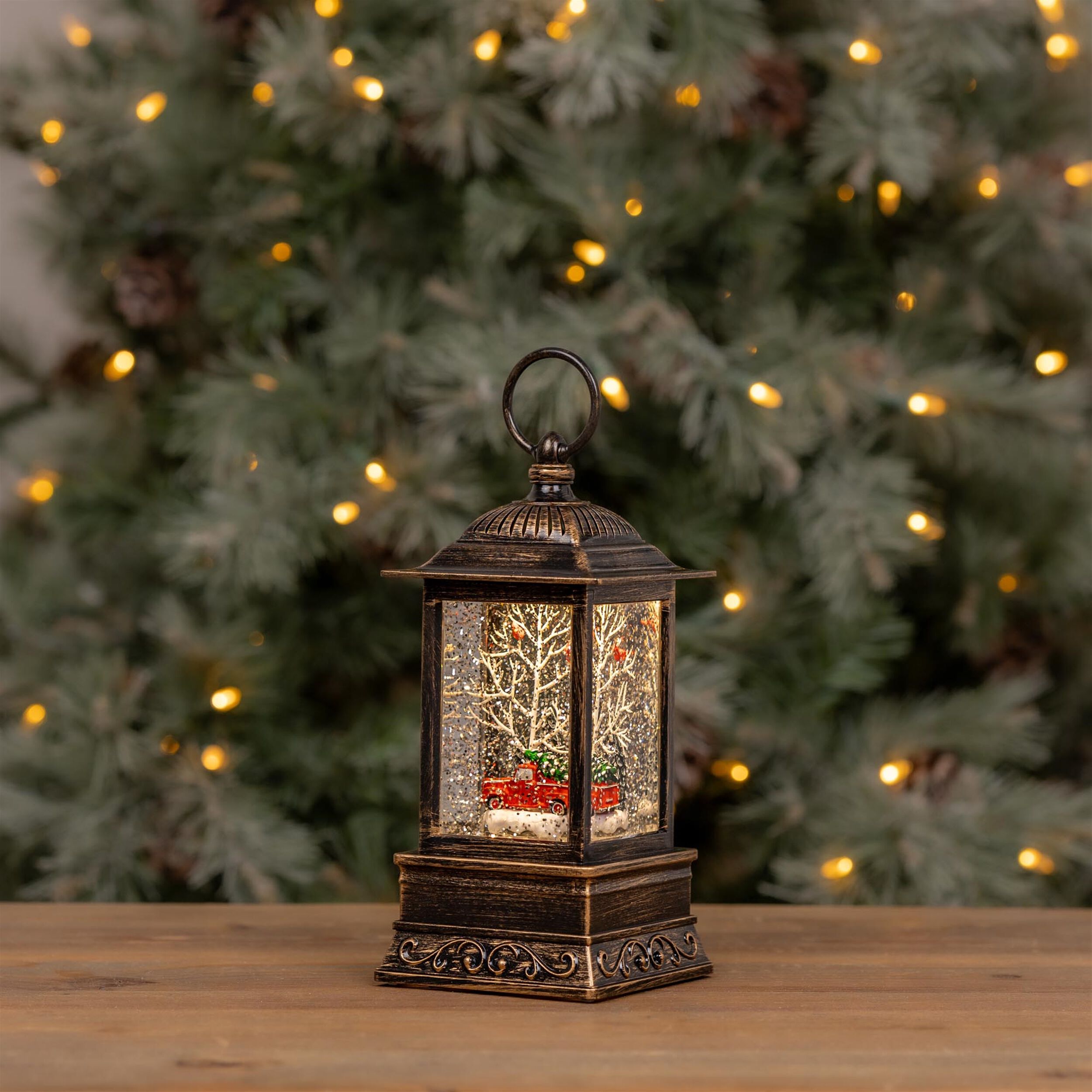 LED Snow Globe Lantern with Truck and Forest Scene 10.25 inchesH, RED GREEN WHITE, alternate image number 1