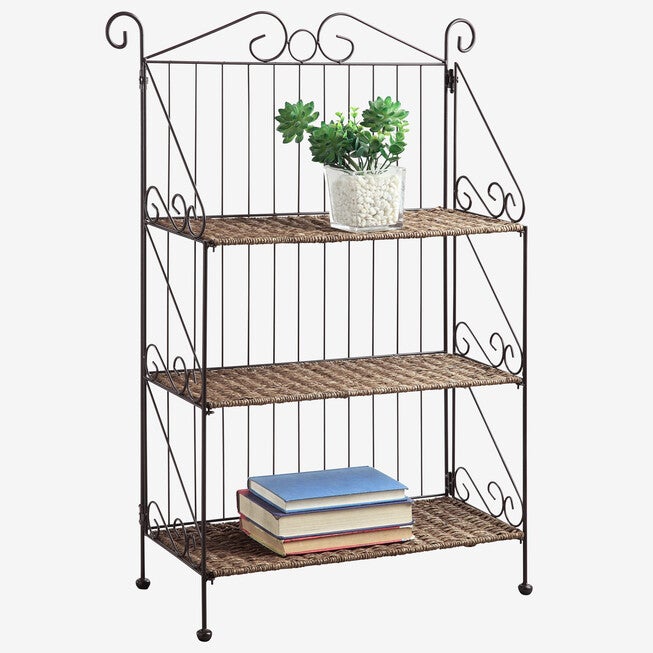 Farmington 3 Tier Folding Weave/Black Iron Shelf, BROWN, hi-res image number null