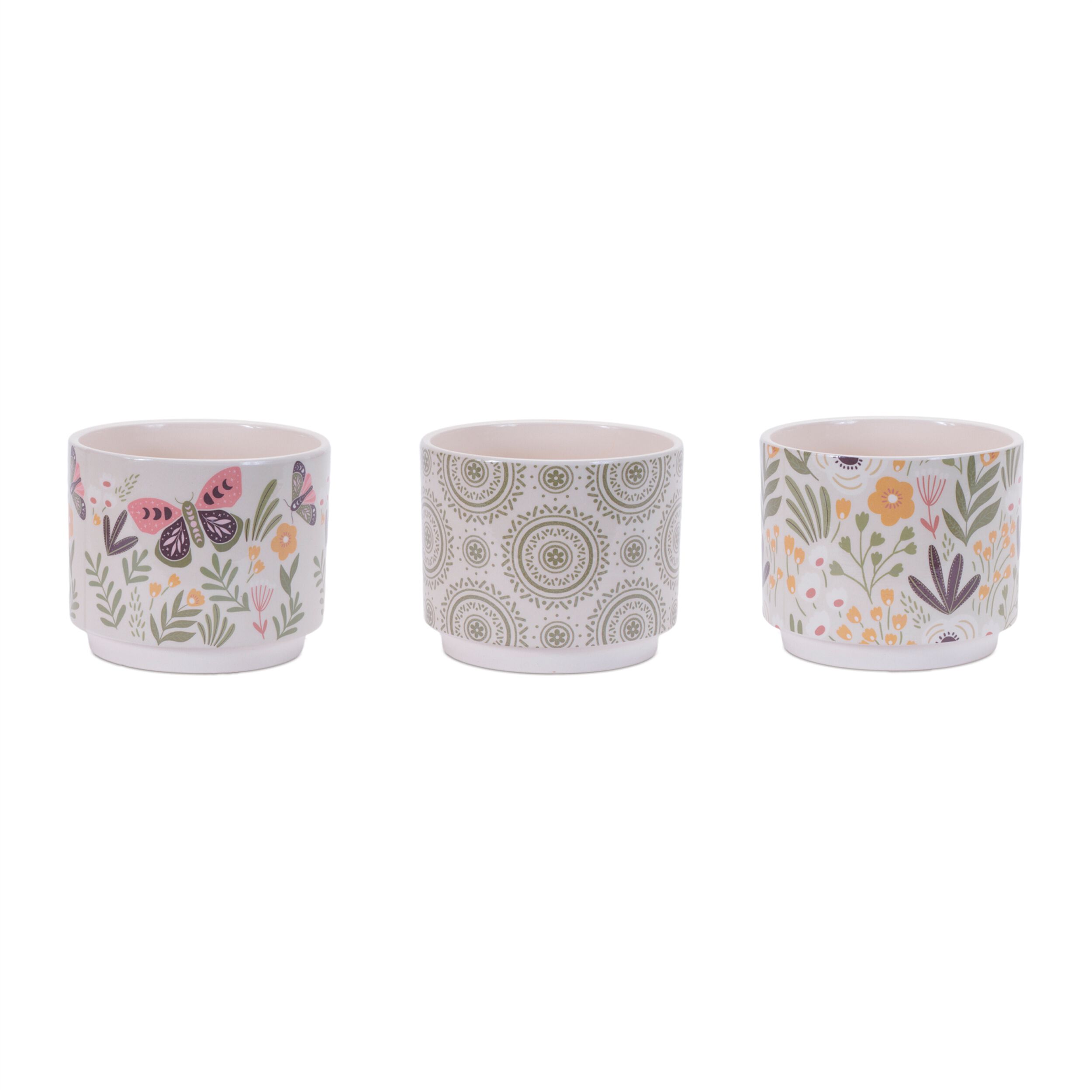 Stone Floral Patterned Planter Set of 3, BEIGE GREEN, hi-res image number 0