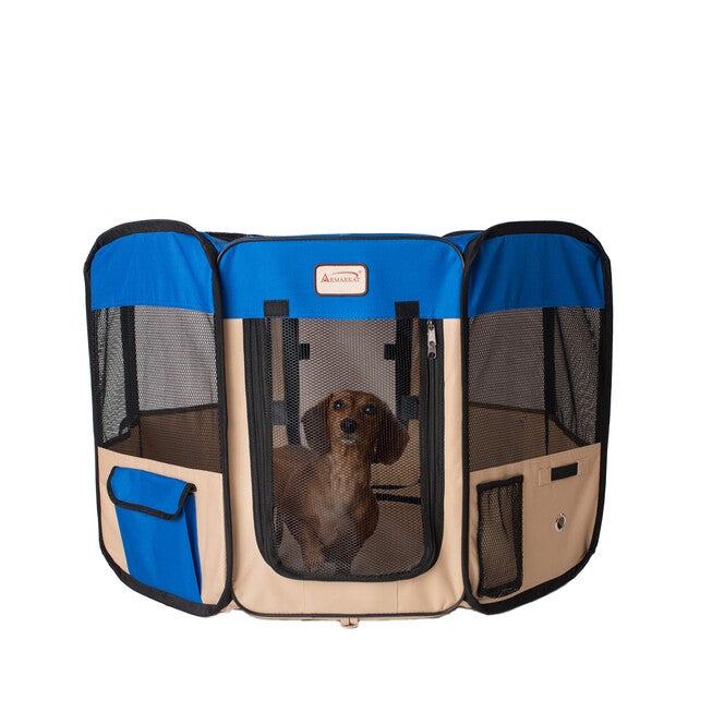 Portable Pet Dog Kitten Playpen In Blue And Beige Combo, , on-hover image number 1