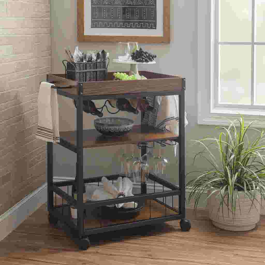 Austin Kitchen Cart in a room setting, with kitchen items on top and a plant nearby.