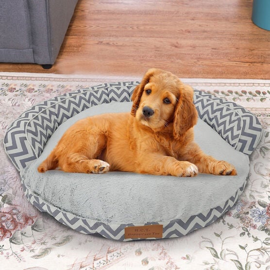 Chevron poly-cotton bolster with detachable faux fur cushion Medium Size, GREY, hi-res image number null