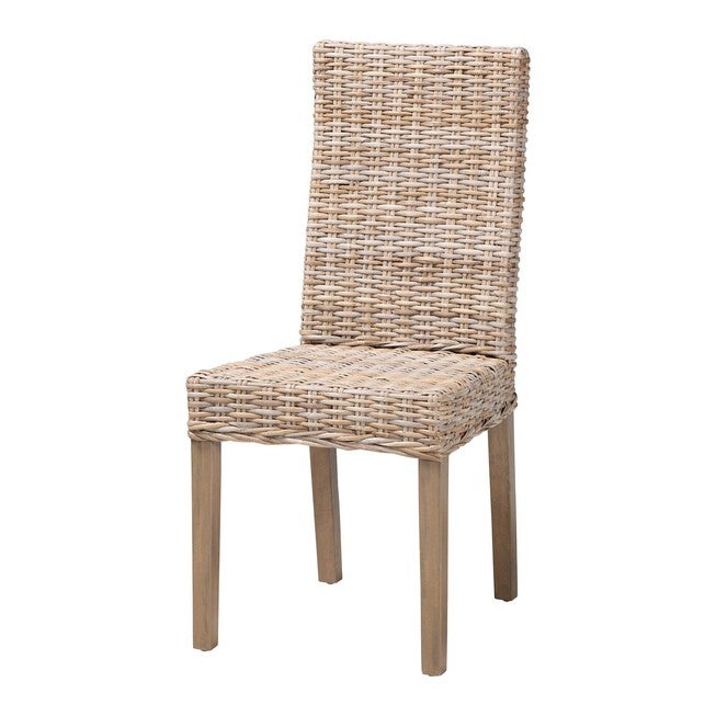 Woven grey dining chair with straight mango wood legs