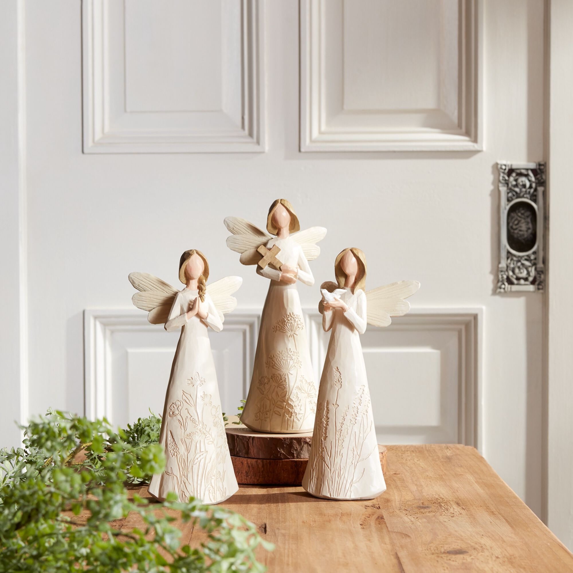 Beige Floral Etched Angel Figurine (Set of 3), WHITE BROWN BEIGE, alternate image number 1