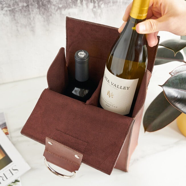 Brown Faux Leather Double-Bottle Wine Tote, , alternate image number null
