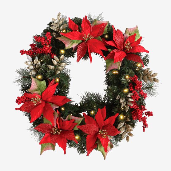 Pre Lit Poinsettia Wreath