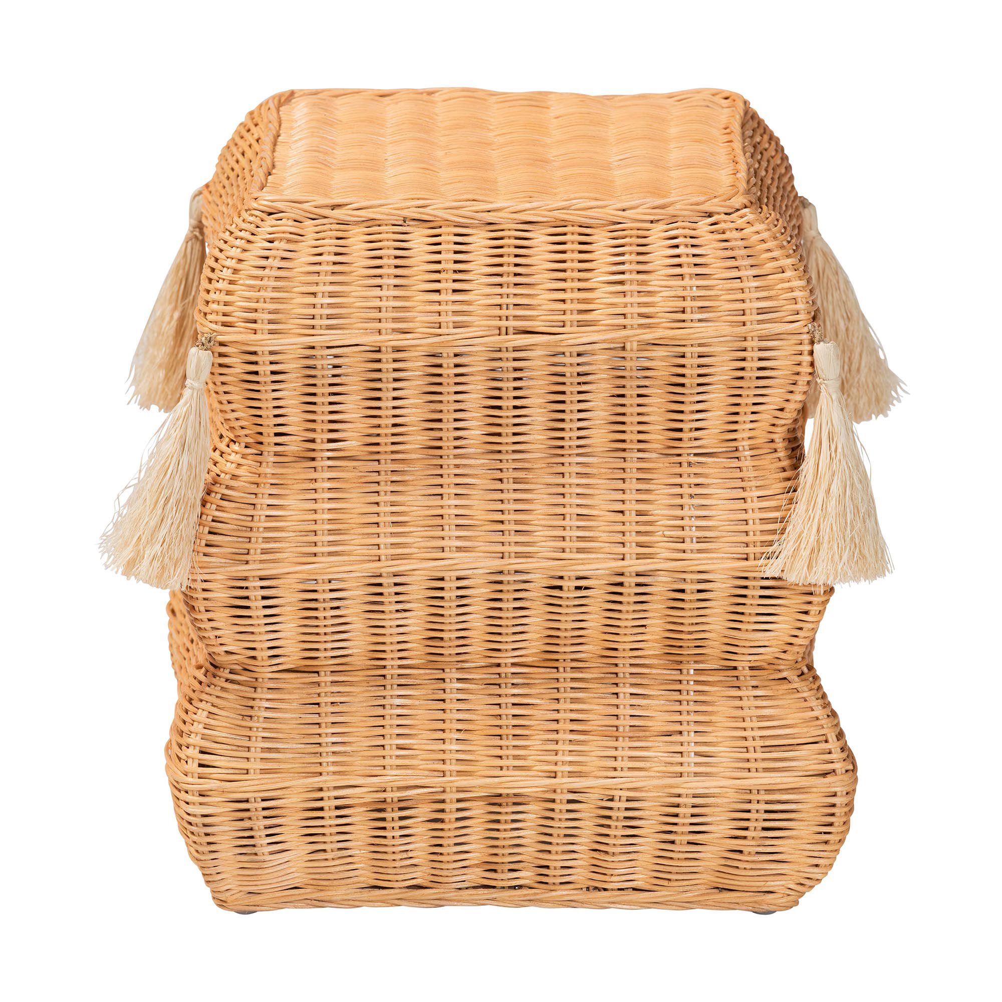 Noura Natural Rattan Footstool with Tassel Accents, HONEY, alternate image number 3