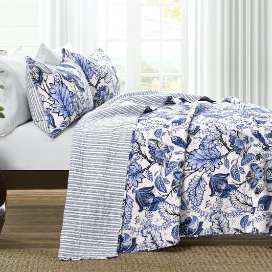 Lush Décor Cynthia Jacobean Quilt Blue 3Pc Set, , on-hover image number null