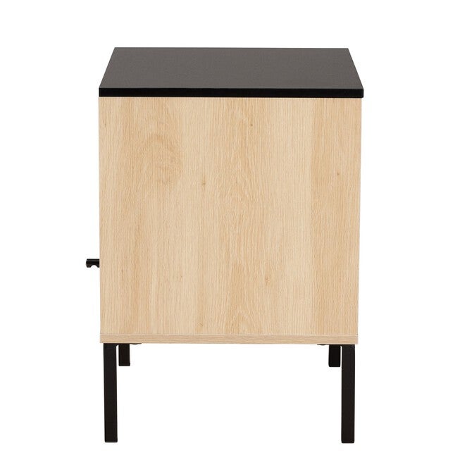 Felton Mid-Century Modern Two-Tone Black And Gold Metal And Light Brown Finished Wood 1-Door End Table, , alternate image number null