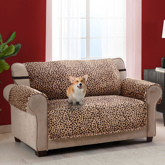 Leopard Plush Loveseat Furniture Cover, BROWN, hi-res image number null