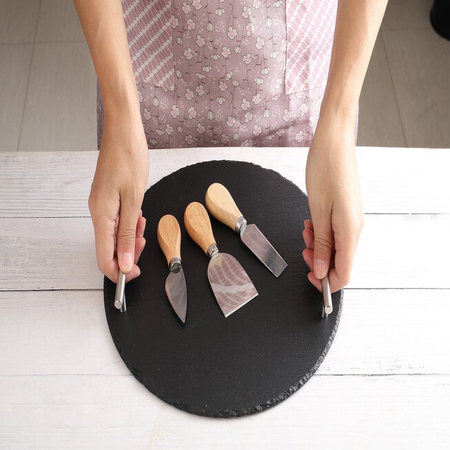 Rounde Slate Stone Serving Tray With Stainless Steel Handkles - Kit, , alternate image number null