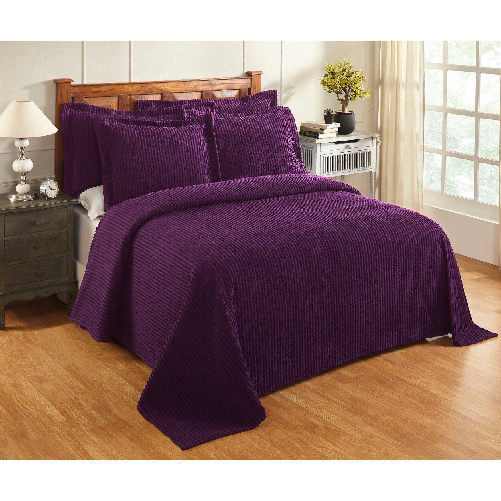 Better Trends Jullian Collection in Bold Stripes Design Bedspread, PLUM, hi-res image number 0