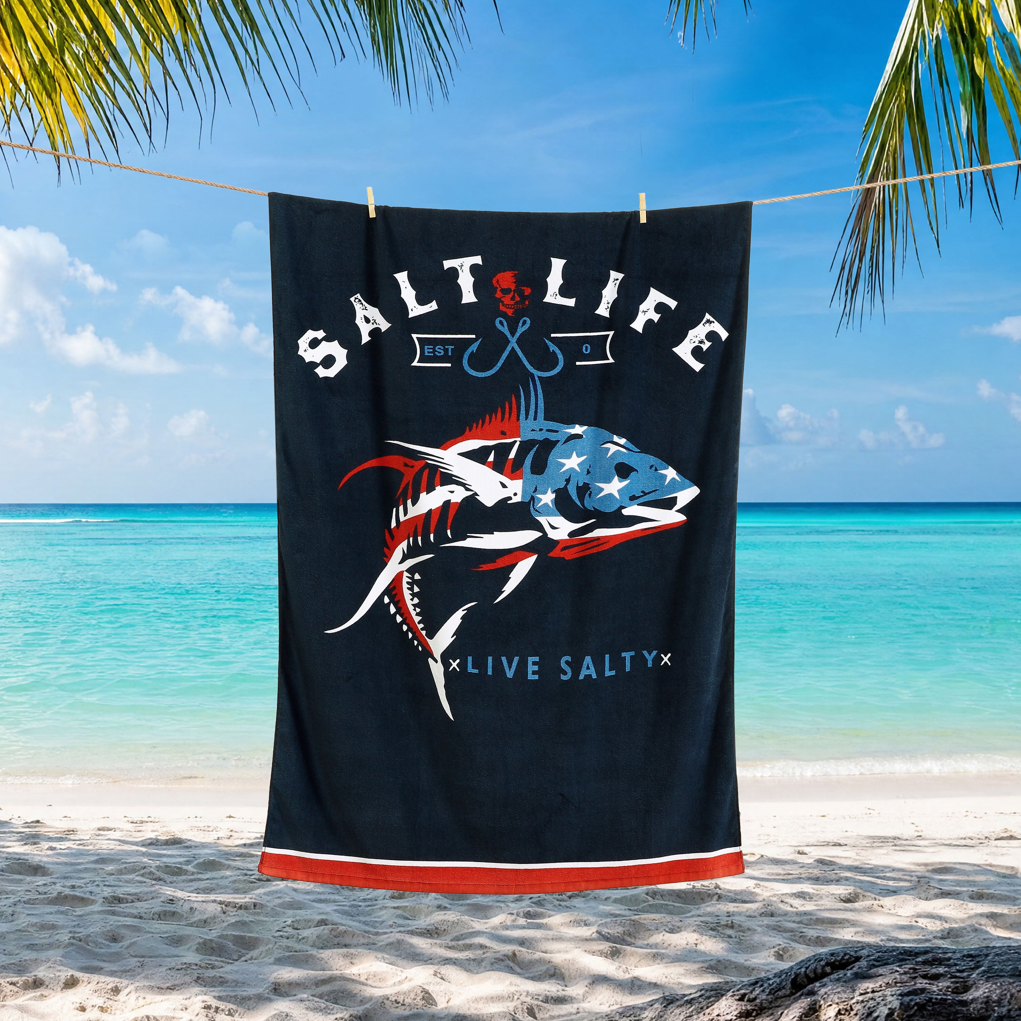 American Fish Beach Towel, NAVY, alternate image number 1