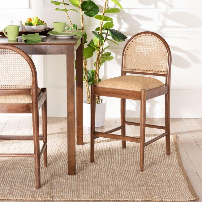 Maryland Modern Bohemian Natural Rattan and Acacia Wood Counter Stool, BROWN, hi-res image number 0