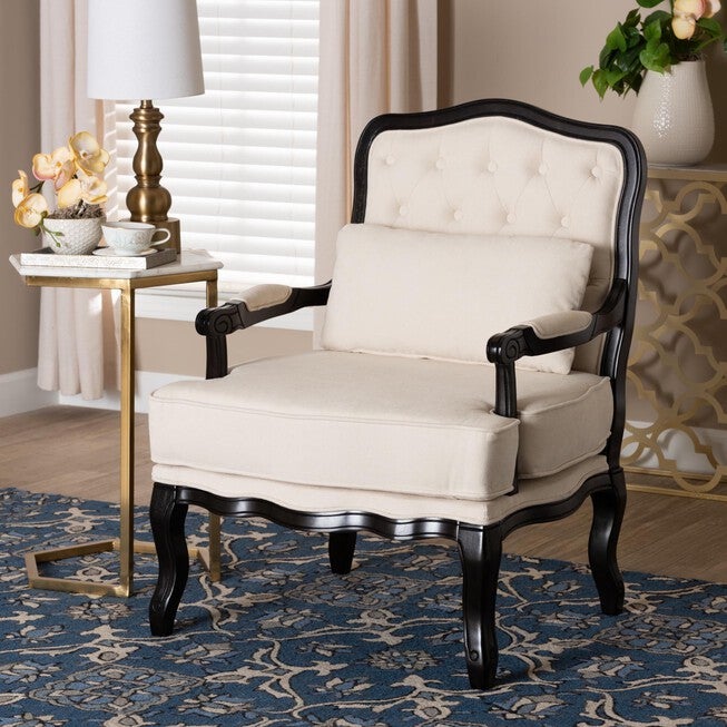 Dion Traditional French Cream Fabric And Wenge Brown Finished Wood Accent Chair, , alternate image number 7