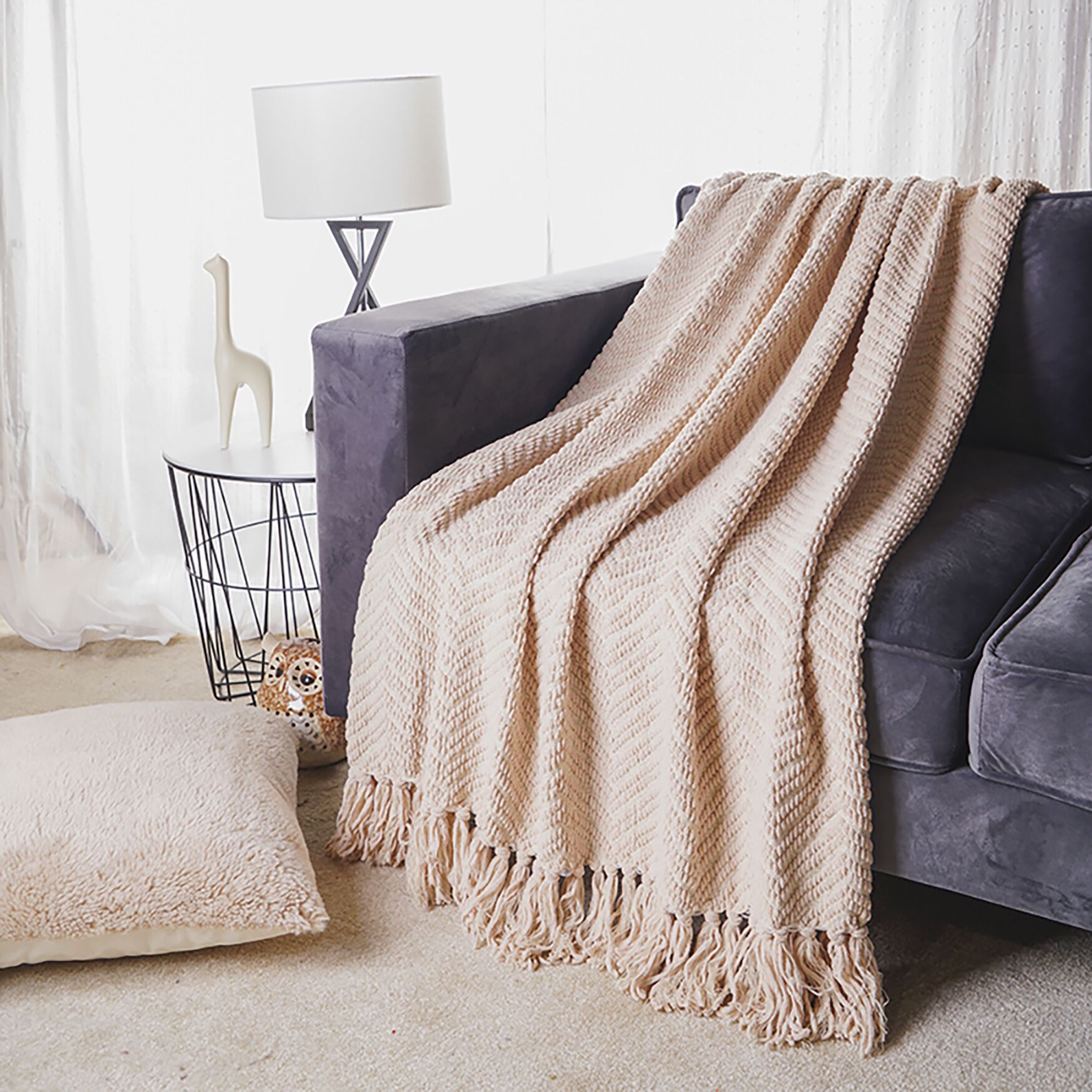 Battilo Home Boon Knitted Tweed Throw Couch Cover Blanket, BEIGE, hi-res image number 0