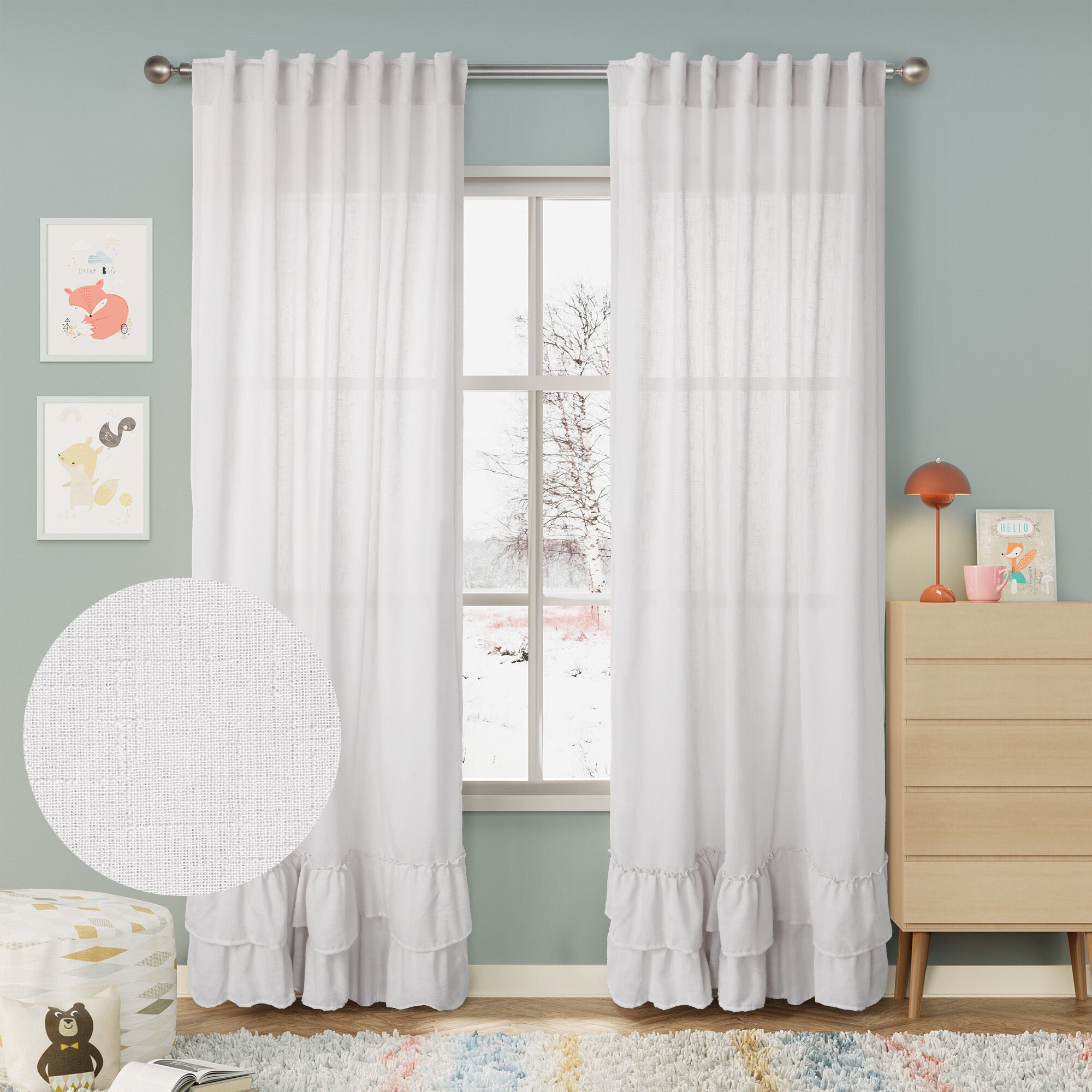 Linen Texture Double Ruffle Back Tab Curtain Pair