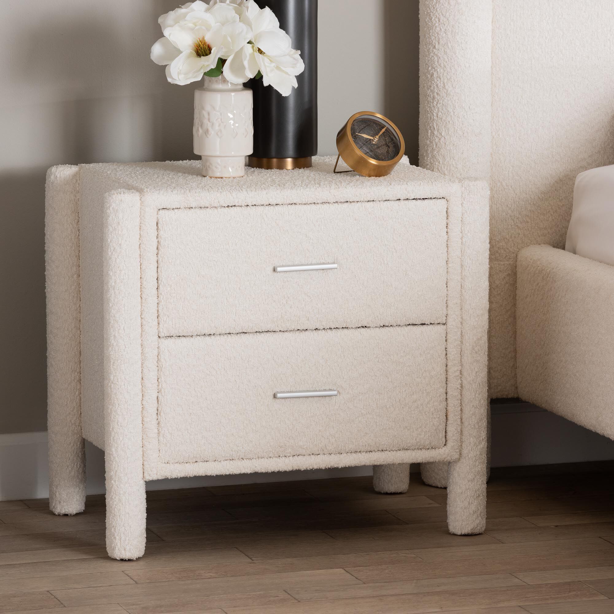 Laria Modern White Teddy-Bear Fabric 2-Drawer Nightstand, WHITE, hi-res image number 0