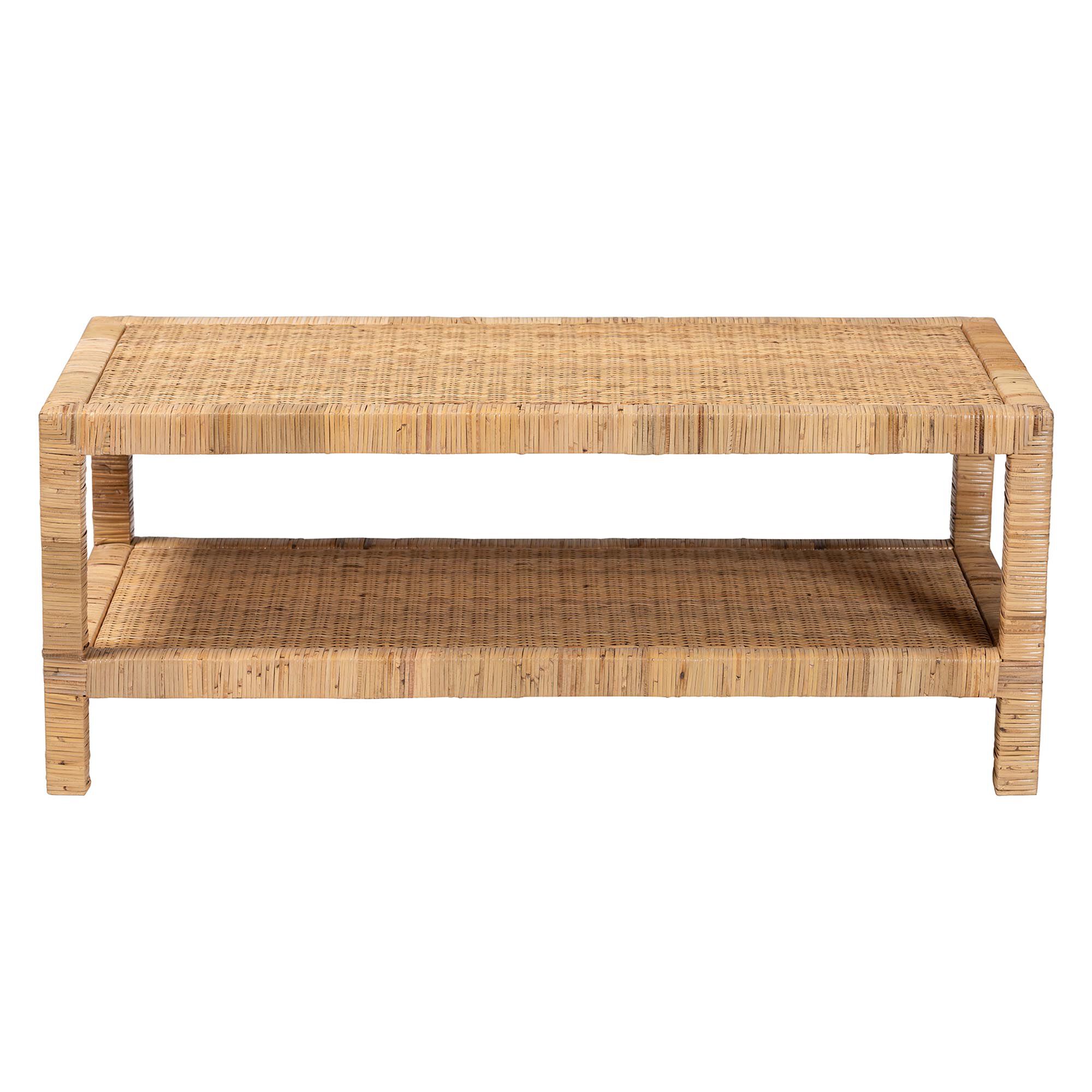 Kalimantan Bohemian Light Honey Rattan and Mahogany Wood Rectangle Coffee Table, LIGHT, alternate image number 2