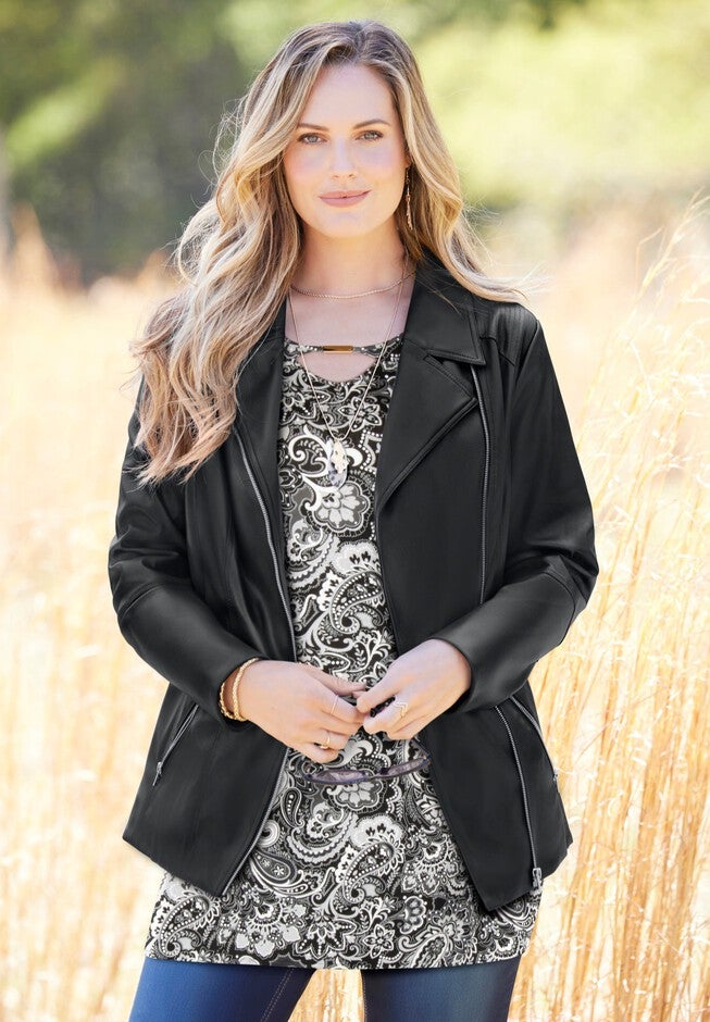 Brylane Roma Rocker Faux Leather Moto Jacket | Brylane Home