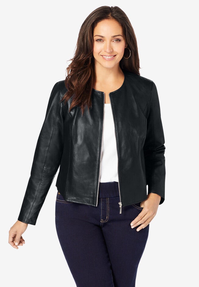 Collarless Leather Jacket, BLACK, hi-res image number null