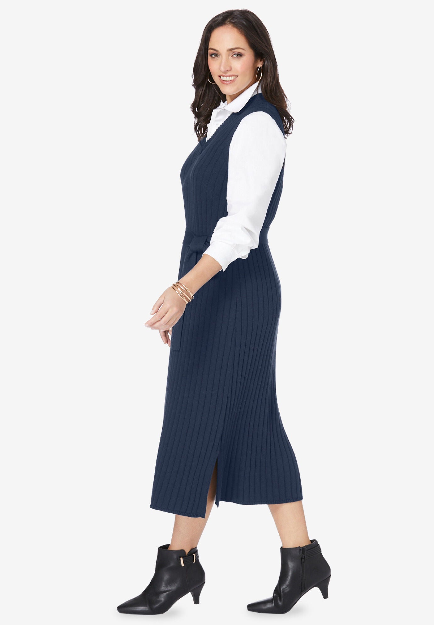 Belted Sweater Vest Dress, , alternate image number 2