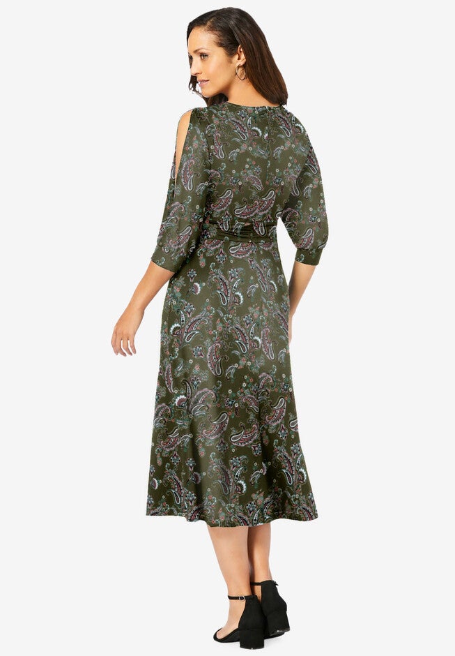 Stretch Knit Slit Sleeve Midi Dress, , on-hover image number 1