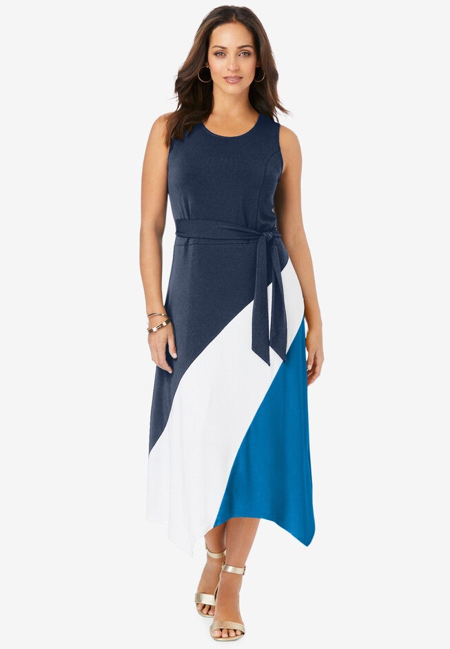 Stretch Knit Hanky Hem Midi Dress, NAVY POOL BLUE COLORBLOCK, hi-res image number 0