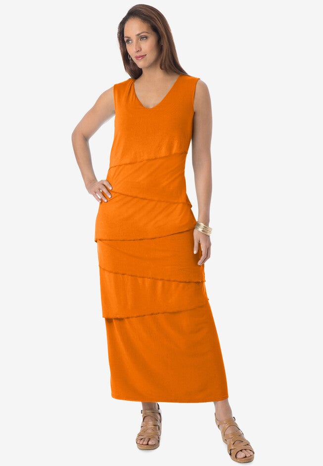 Stretch Knit Tiered Maxi Dress, ULTRA ORANGE, hi-res image number 0