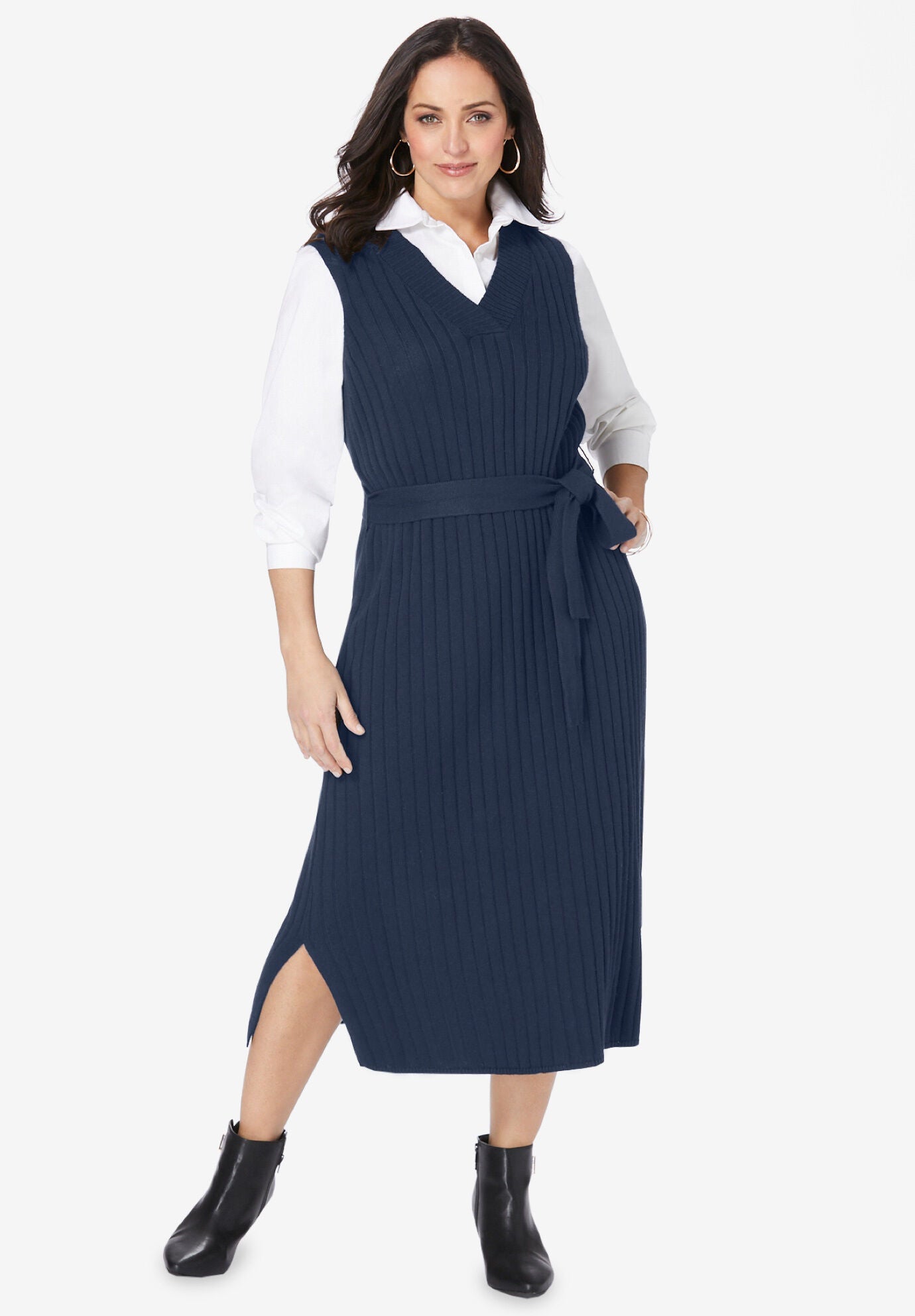 Belted Sweater Vest Dress, NAVY, hi-res image number 0