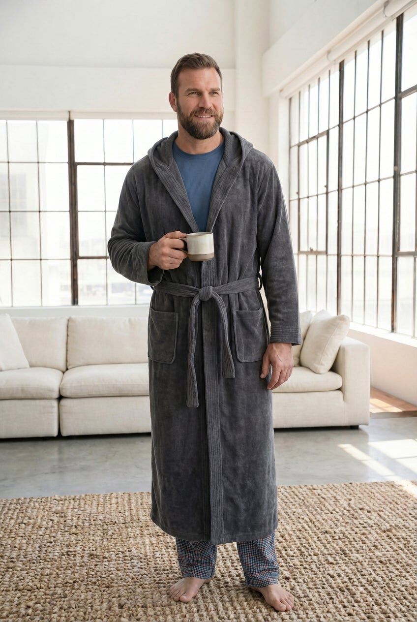 Affordable Terry Velour Hooded Maxi Robe, Steel | Brylane Home