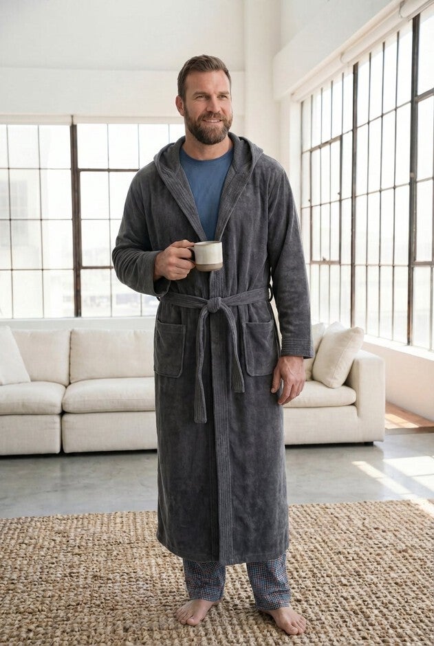 Big Work Robe Affordable Terry Velour Hooded Maxi Robe, Steel | Brylane Home