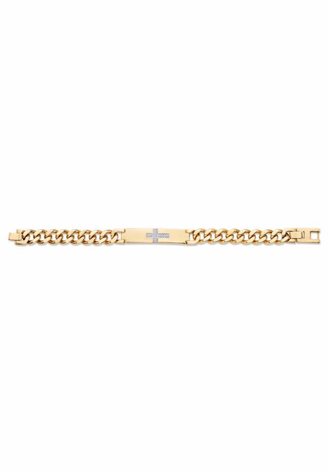 9" Gold-Plated Round Genuine Diamond Cross Curb-Link Bracelet, , alternate image number null