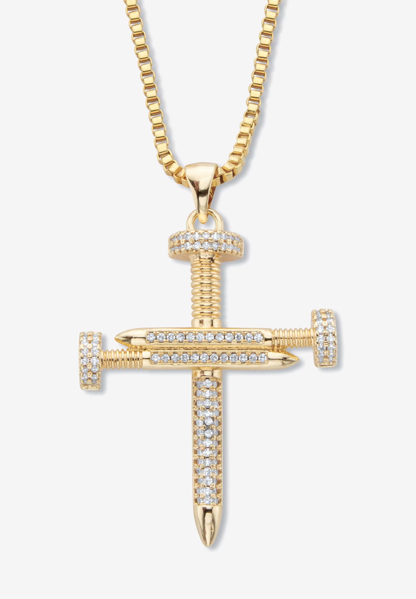 Men's Goldtone Nail Cross Pendant (32mm) Round Crystal with 24 inch Chain, GOLD, hi-res image number 0