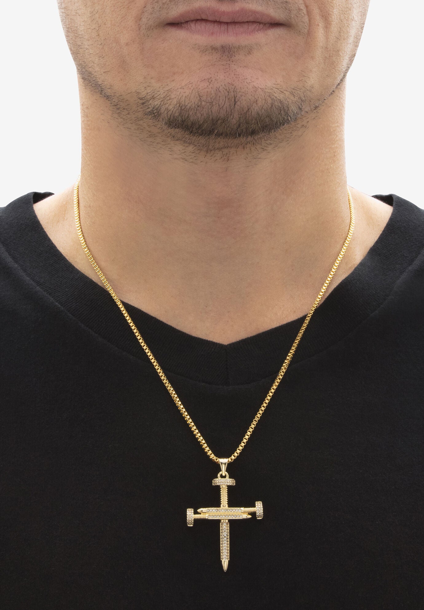 Men's Goldtone Nail Cross Pendant (32mm) Round Crystal with 24 inch Chain, , alternate image number 2