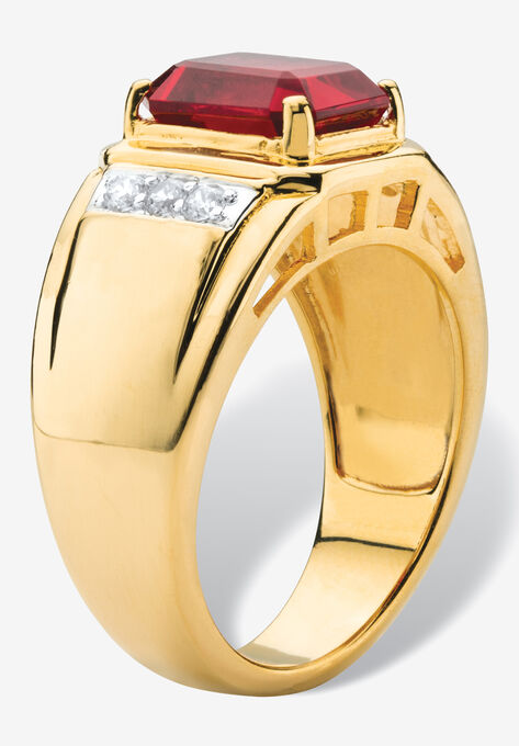 Men's 18K Gold-plated Genuine Diamond and Emerald Cut Garnet Ring, , on-hover image number null