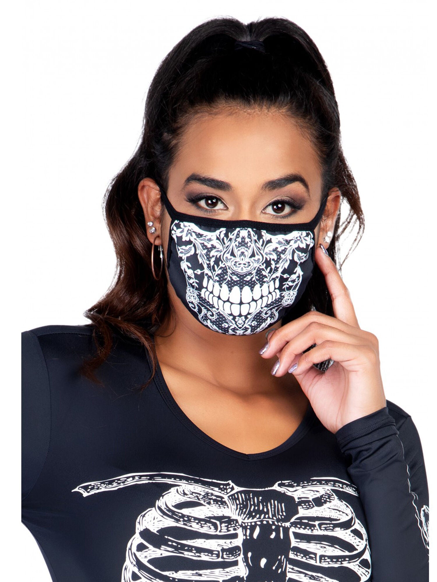 Lace Skull Print Face Mask, Black / black, hi-res image number 0