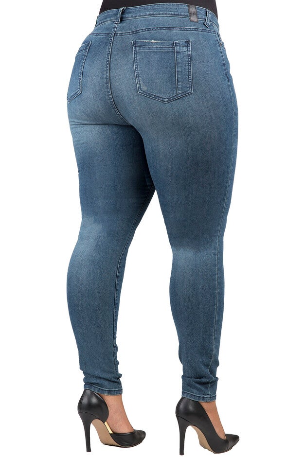 Plus Size Women's Curvy Fit Blue Denim Five Pockets Skinny Jeans, , alternate image number null