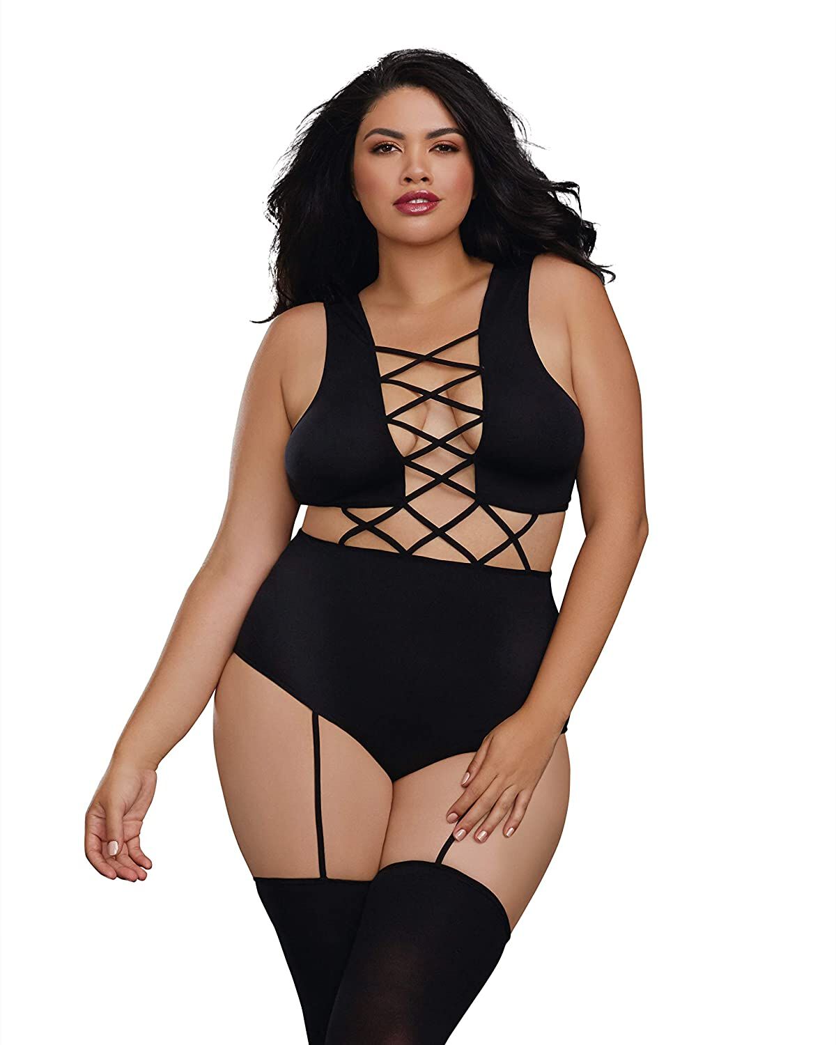 Dreamgirl Women's Opaque Seamless Criss-Cross Teddy and Matching Stockings Set main image 0