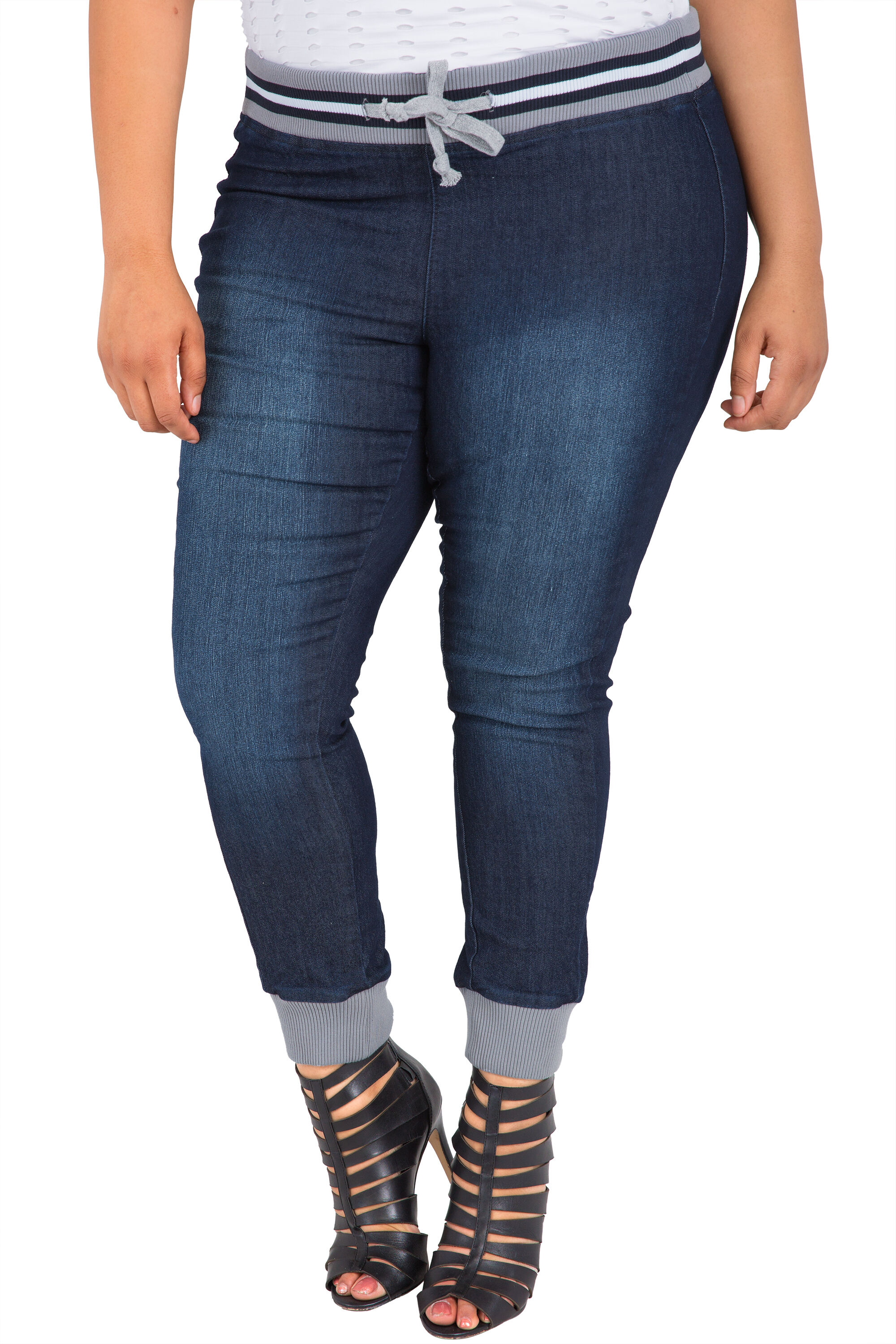 Plus Size Curvy Women's Blue Denim Ribbed Waistband Jogger Pants