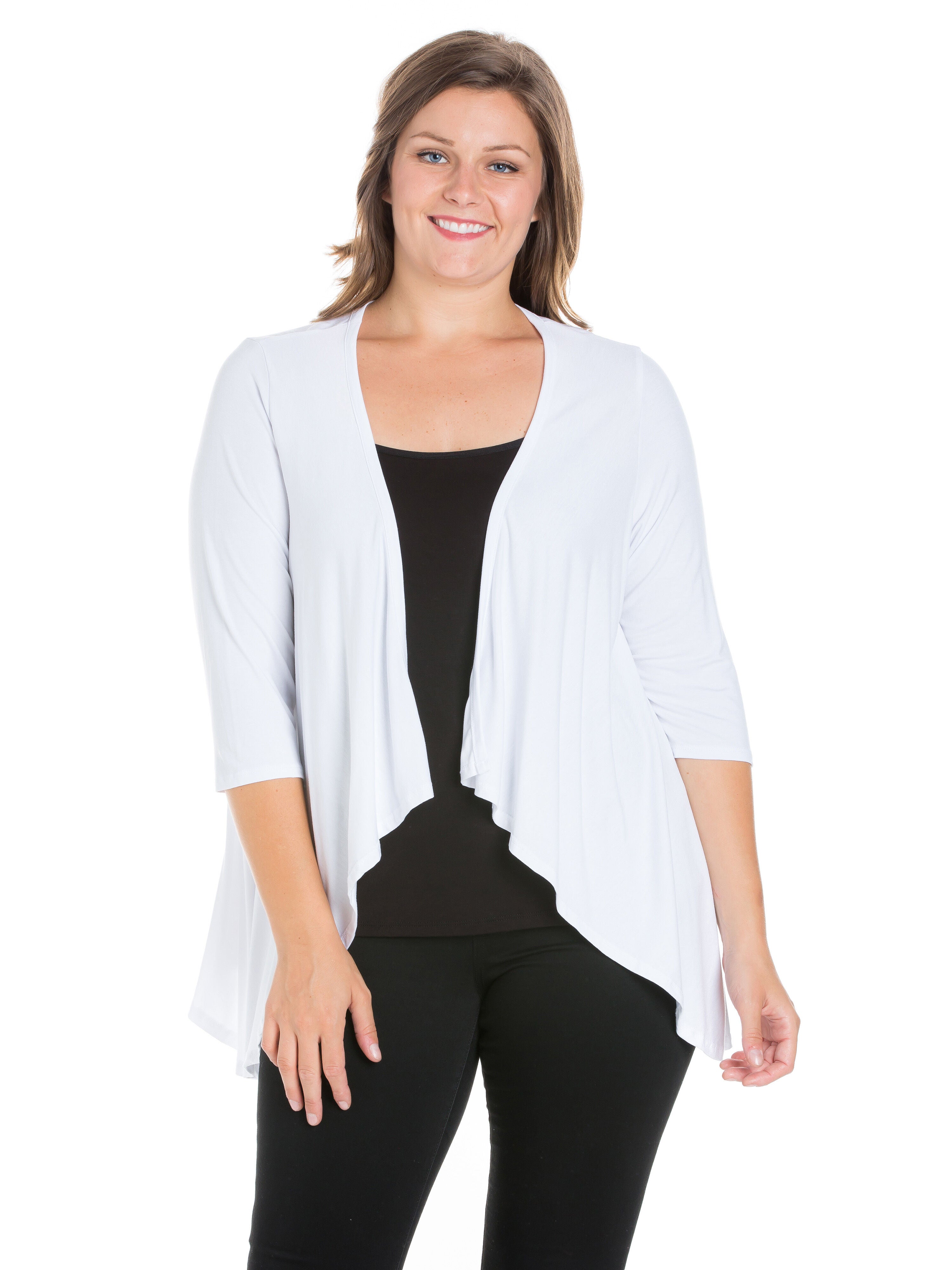 Elbow Length Sleeve Plus Size Open Cardigan, White, hi-res image number 0