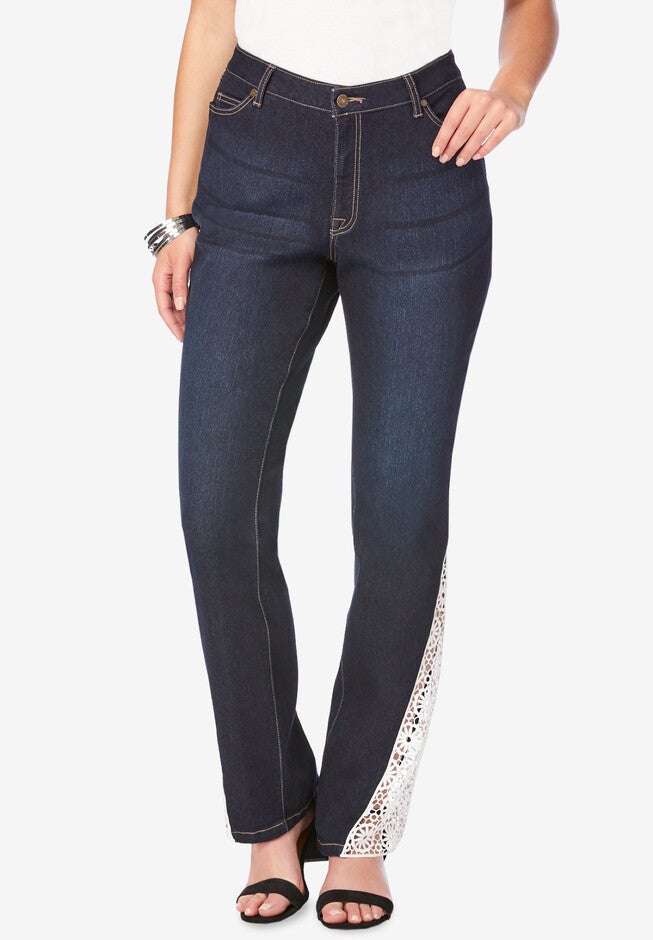 Invisible Stretch® Contour Lace-Applique Bootcut Jean, DARK WASH, hi-res image number 0