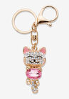 Goldtone Oval Shaped Pink Crystal and White Crystal Accents Cat Key Ring, CRYSTAL GOLD, hi-res image number null