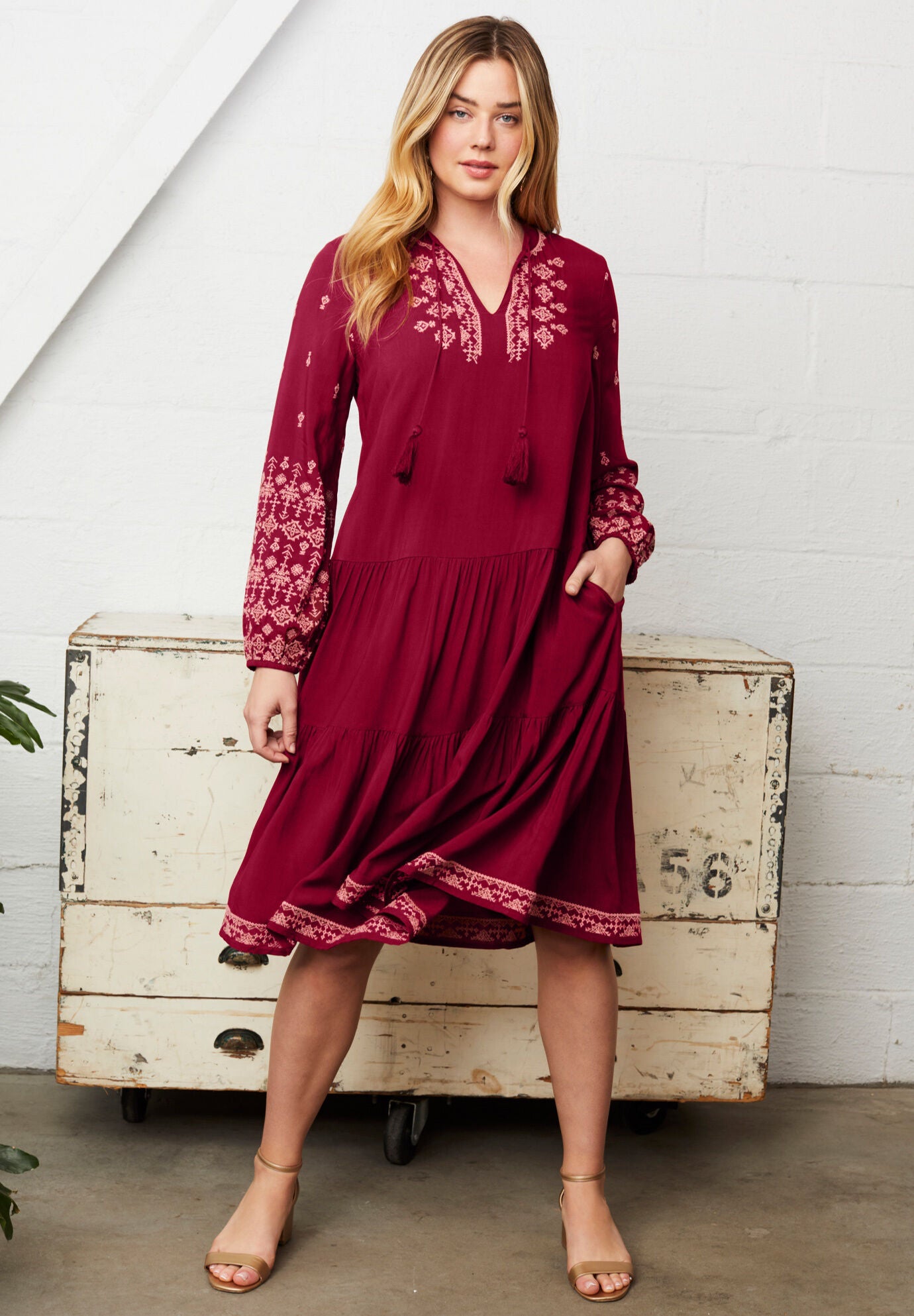 Ivory + Brick Mix Printed Dress with Peasant Sleeve