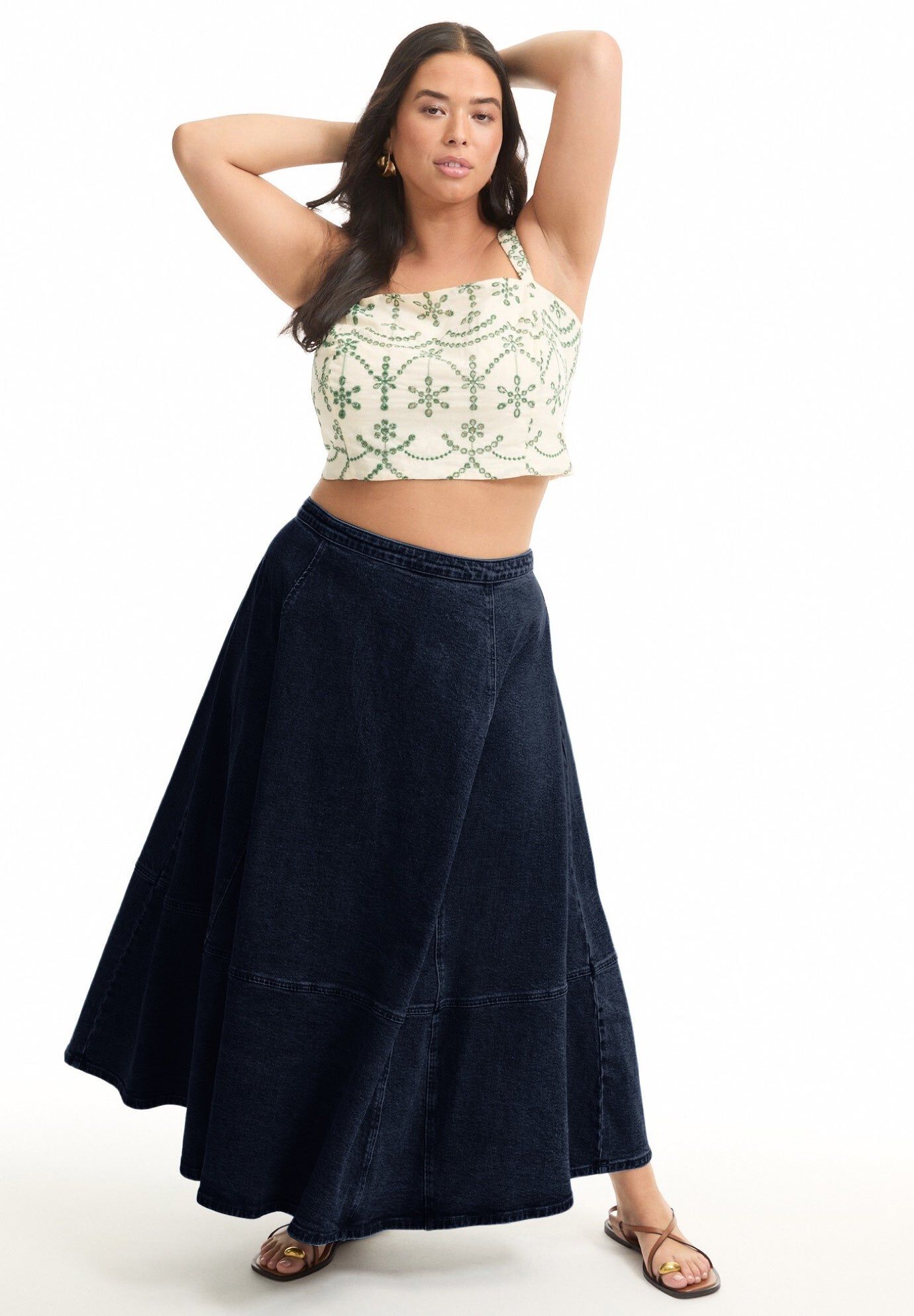 Fit-And-Flare Denim Midi Skirt