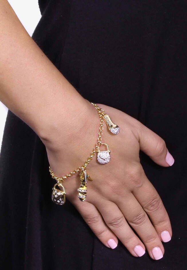 Goldtone Cubic Zirconia Charm Bracelet, 7.5 inches with .5 inches extender, , alternate image number null