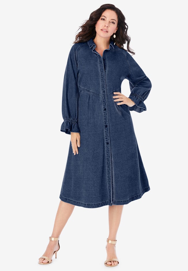 Button Front Denim Dress, DARK WASH, hi-res image number 0