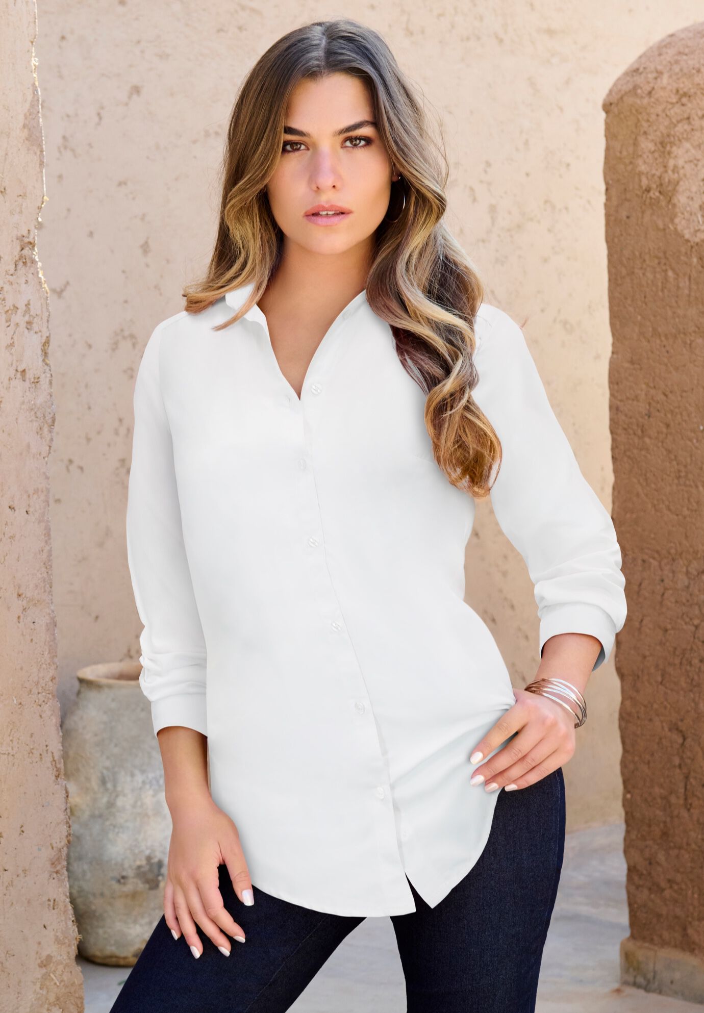 Plus Size Kate Long Sleeve Easy Cotton-Blend Button-Front Shirt