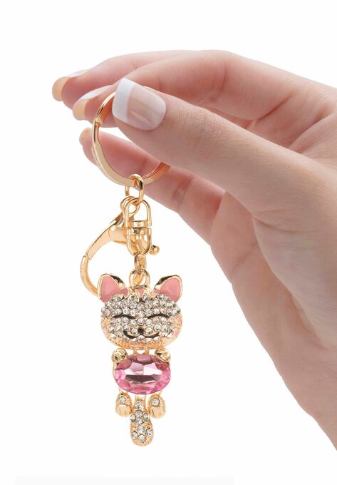 Goldtone Oval Shaped Pink Crystal and White Crystal Accents Cat Key Ring, , alternate image number null